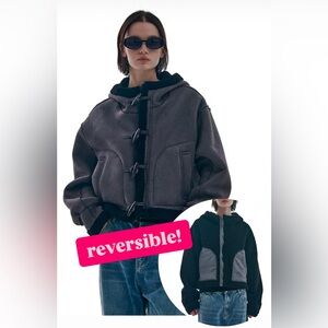 Reversible Duffle zip up hooded Crop Jacket coat faux suede Korea kpop